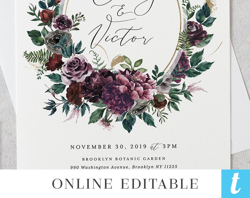 Rustic Woodland Wedding Invitation Template Printable Floral Fern Purple Invites DIY Instant Download Digital Editable Cards Emily Templett