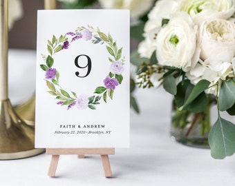 Purple Floral Table Signs Printable Wedding Table Numbers Template Lavender Greenery Instant Download Editable Decorations Faith Templett