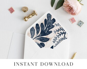 Printable Wedding Envelope Liner, Envelope Liners, Floral Envelope Insert, A7 Envelope Liner Template, Navy Blue Leafy Fern Foliage Audrey