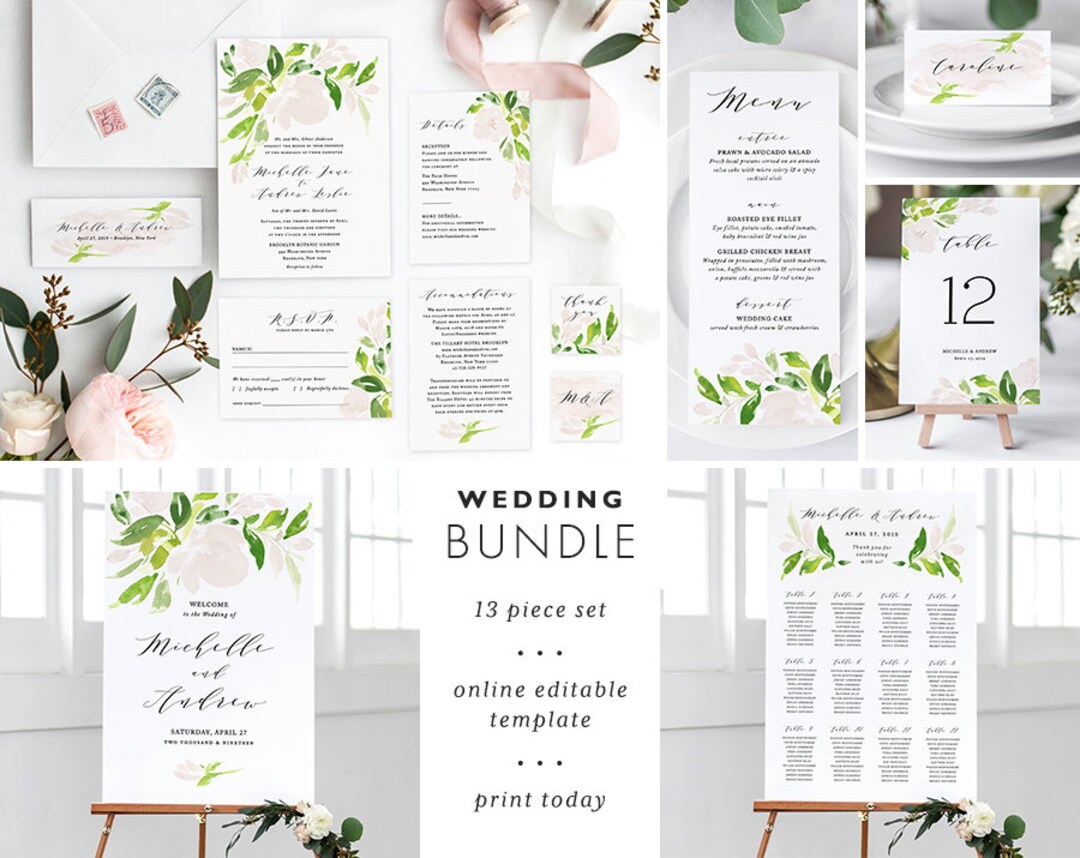 Wedding Invitation Template Bundle Printable Wedding Set Instant