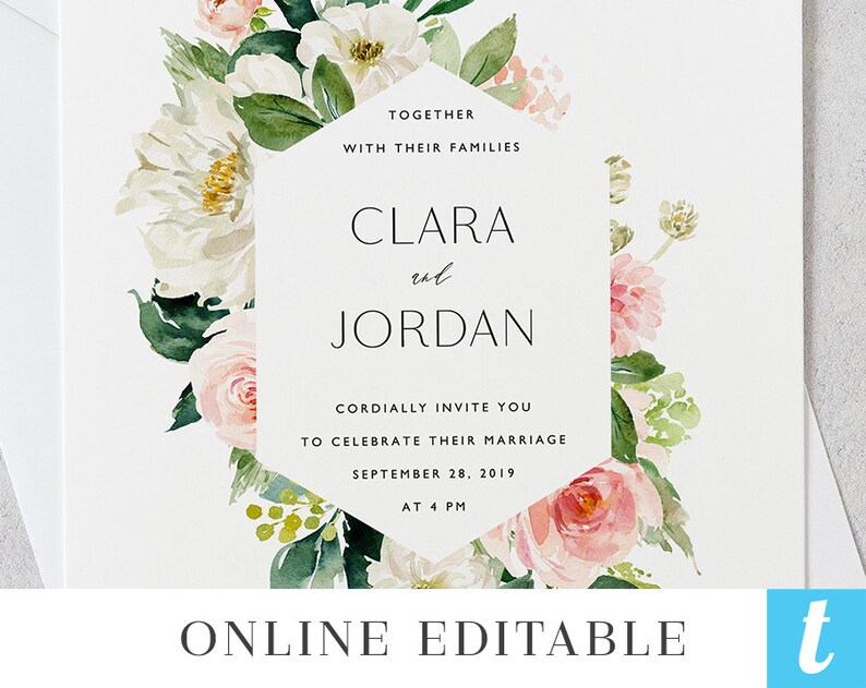 Summer Blush Wedding Invitation Template, Printable Wedding Instant Download Digital Editable Invites, Romantic Spring Floral Clara Templett image 5