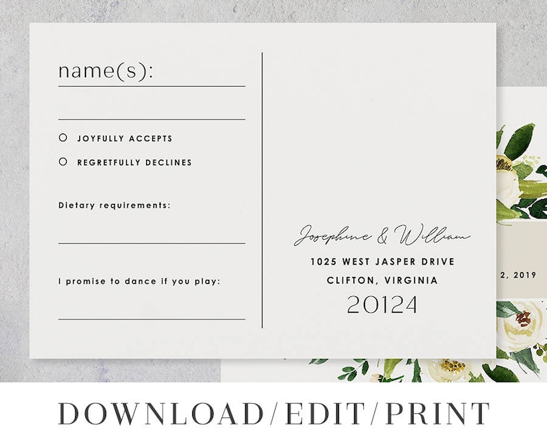 Printable Wedding Invitation Template Set White Floral Light Green Suite Instant Download DIY Digital Editable Invites Josephine Templett