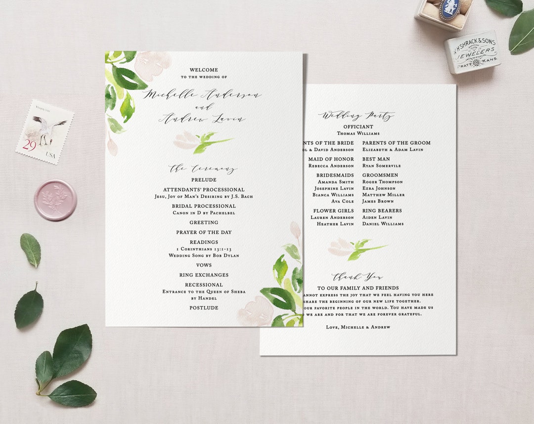 Printable Wedding Program Template, Instant Download Order of Service ...
