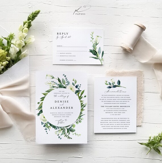 White Flower Greenery Wedding Invitation Template Set Printable Romantic Suite Instant Download Digital Editable DIY Invites Denise Templett