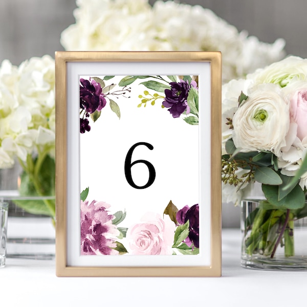 Purple Table Numbers Template Printable Plum Blush Floral Wedding Seating Cards DIY Editable Instant Download PDF Decoration Brooke Templett