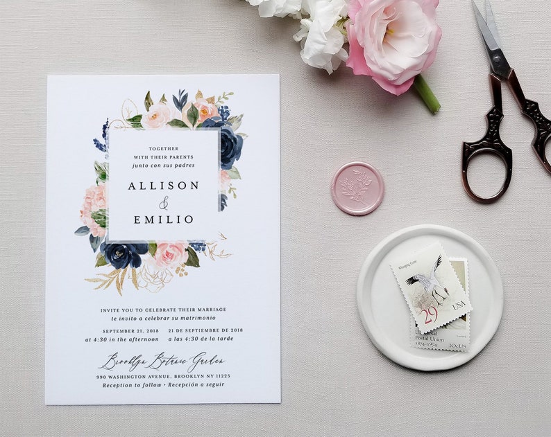 Bilingual Blush Wedding Invitation Template Printable Navy Peony Rose Pink Floral DIY Editable Instant Download Invites Brianna B Templett image 1