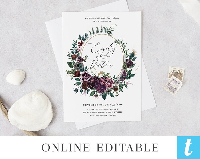 Rustic Woodland Wedding Invitation Template Printable Floral Fern Purple Invites DIY Instant Download Digital Editable Cards Emily Templett