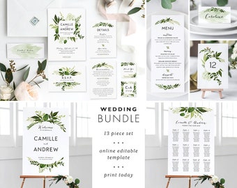 Printable Wedding Invitation Template Bundle Digital Suite Instant Download Editable Invites Set Woodland Botanical Greenery Ivy Templett