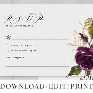 Printable Wedding Invitation Template Set Purple Digital Instant Download Editable 3 pcs Plum Gold Floral Leaf Botanical Abigail Templett image 6