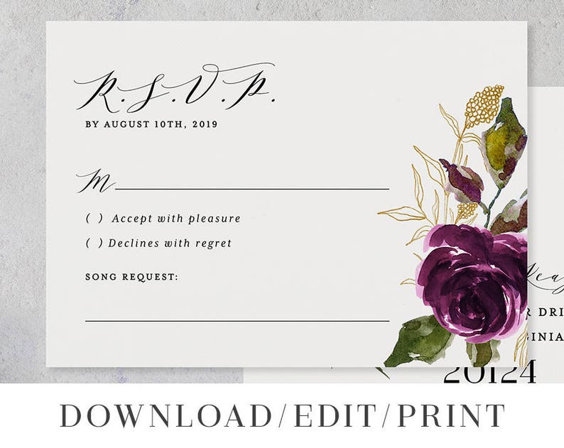 Printable Wedding Invitation Template Set Purple Digital Instant Download Editable 3 pcs Plum Gold Floral Leaf Botanical Abigail Templett image 6