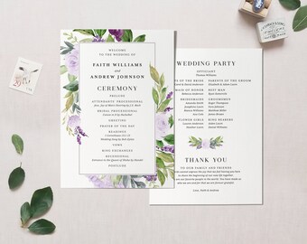 Purple Floral Wedding Program Template Printable Lavender Watercolor Greenery Instant Download Digital Editable Ceremony Card Faith Templett
