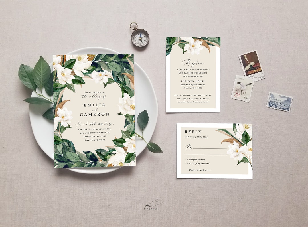Outdoor Wedding Invitation Template Set Printable Magnolia Watercolor
