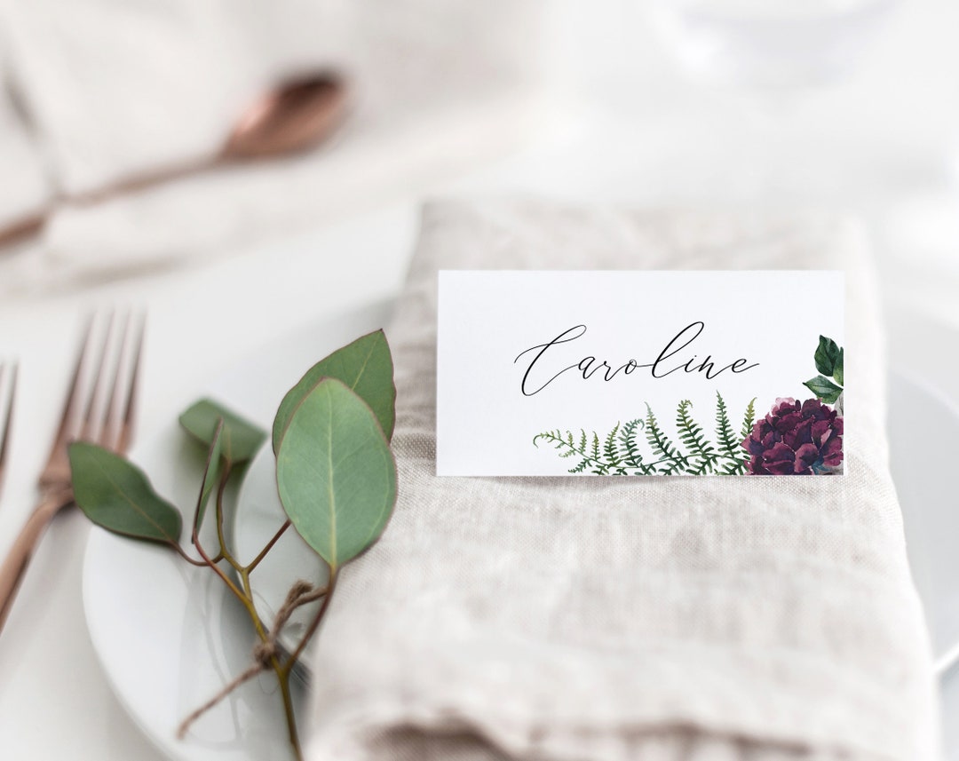 Rustic Woodland Place Card Template Printable Floral Fern Purple Wedding Name Cards Online ...