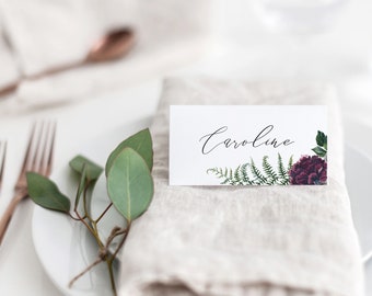 Rustic Woodland Place Card Template Printable Floral Fern Purple Wedding Name Cards Online Editable Instant Table Decorations Emily Templett