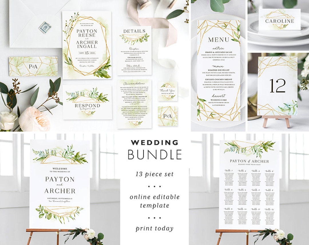 Wedding Invitation Template Bundle Printable Wedding Set Instant ...