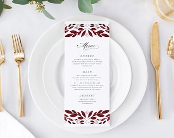 Menu Card Template, Printable Wedding Menu Cards, Instant Download Menus Decorations, DIY Editable PDF, Maroon Blush Foliage, Blake Templett