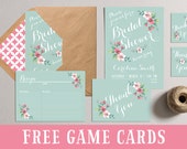 Bridal Shower Invitation, Printable Bridal Shower Invites, DIY Shower Party Pack, Bridal Shower Games Favors Tags, Spring Summer Mint Pink