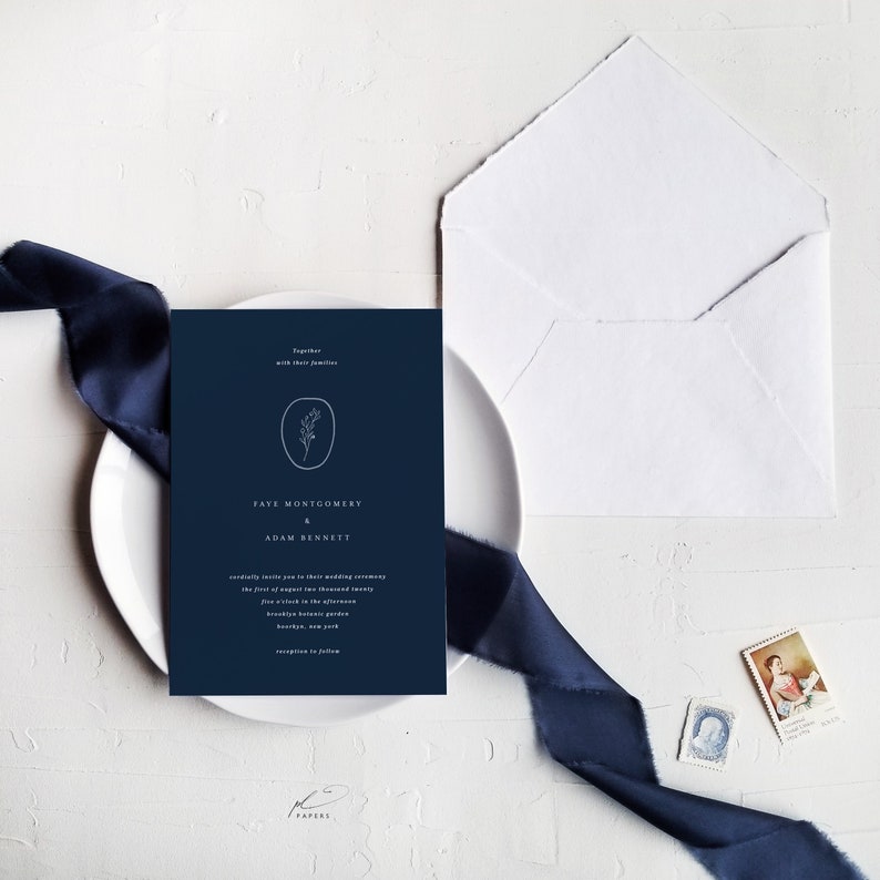 Classic Wedding Invitation Template Printable Simple Fine Art Cards Digital Instant Download Editable Black Navy Blue Invites Faye Templett image 1