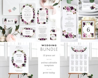 Purple Wedding Invitation Template Bundle Printable Instant | Etsy