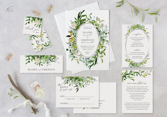 White Flower Greenery Wedding Invitation Template Set Printable Romantic Suite Instant Download Digital Editable DIY Invites Denise Templett