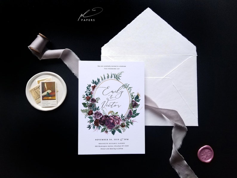 Rustic Woodland Wedding Invitation Template Printable Floral Fern Purple Invites DIY Instant Download Digital Editable Cards Emily Templett