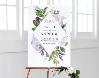 Purple Floral Wedding Welcome Sign Template Printable Lavender Watercolor Greenery Instant Download Editable Decorations PDF Faith Templett