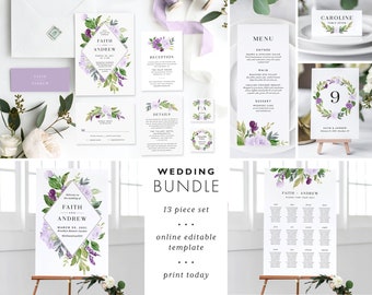 Printable Wedding Invitation Template Bundle Instant Download Editable Invite Set Digital PDF Suite Purple Lavender Floral Faith Templett