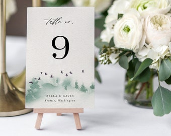 Forest Wedding Table Sign Card Printable Outdoor Woodland Mountain Table Numbers Template Instant Download Editable PDF Decor Bella Templett