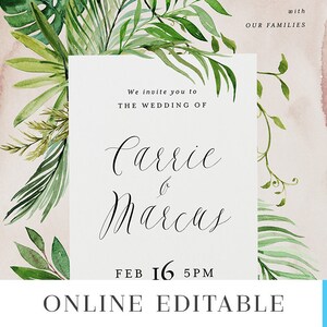 Tropical Greenery Wedding Invitation Template Suite Printable Digital Editable Destination Invite 3pcs Set Watercolor Leaves Carrie Templett image 5