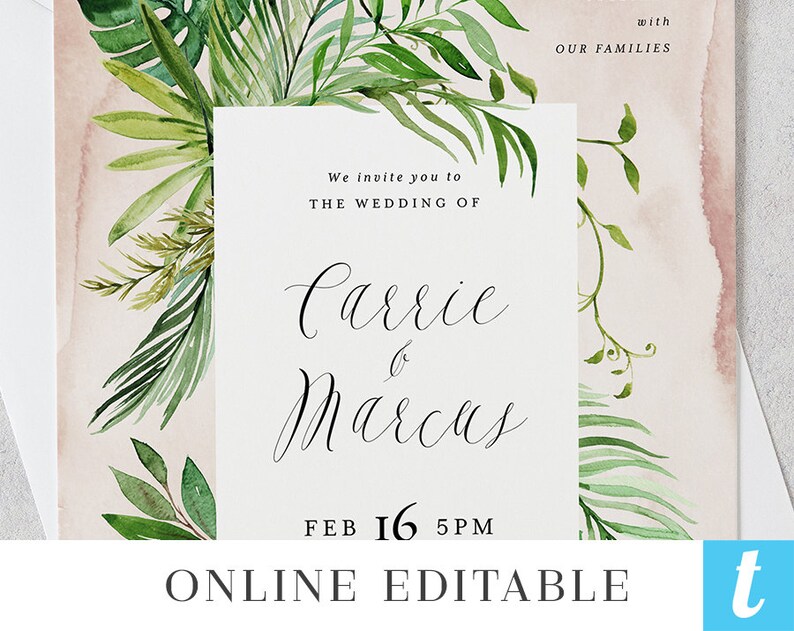 Tropical Greenery Wedding Invitation Template Suite Printable Digital Editable Destination Invite 3pcs Set Watercolor Leaves Carrie Templett image 5