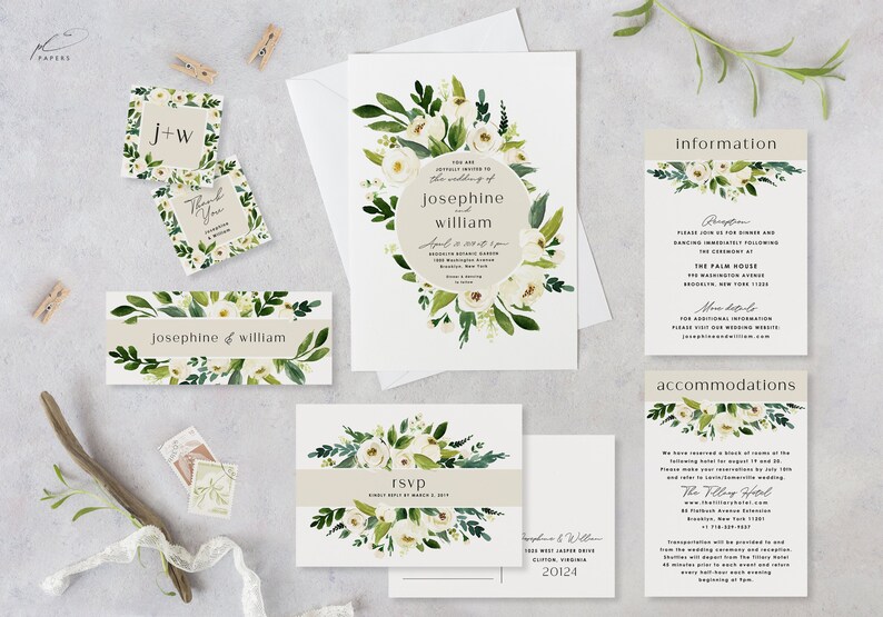 Printable Wedding Invitation Template Set White Floral Light Green Suite Instant Download DIY Digital Editable Invites Josephine Templett