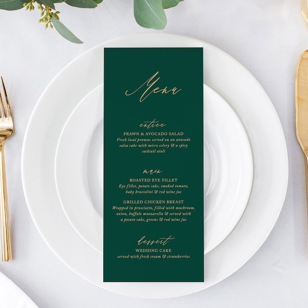 Menu Card Template, Printable Wedding Menu Cards, Instant Download Menus Decorations, DIY Editable, Emerald White Gold, Jade Templett