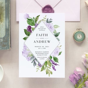 Purple Floral Wedding Invitation Template Printable Lavender Watercolor Greenery Instant Download Editable Digital Invites Faith Templett image 1