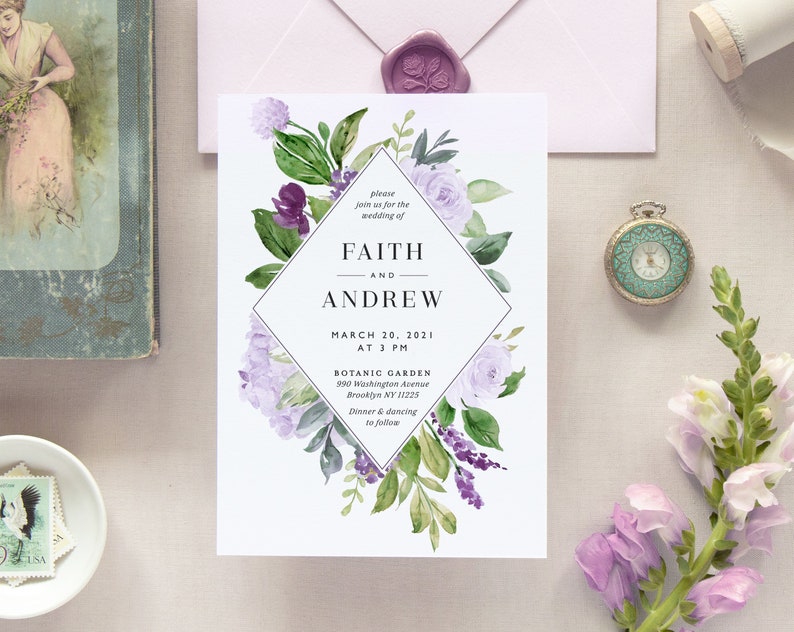 Purple Floral Wedding Invitation Template Printable Lavender Watercolor Greenery Instant Download Editable Digital Invites Faith Templett image 1