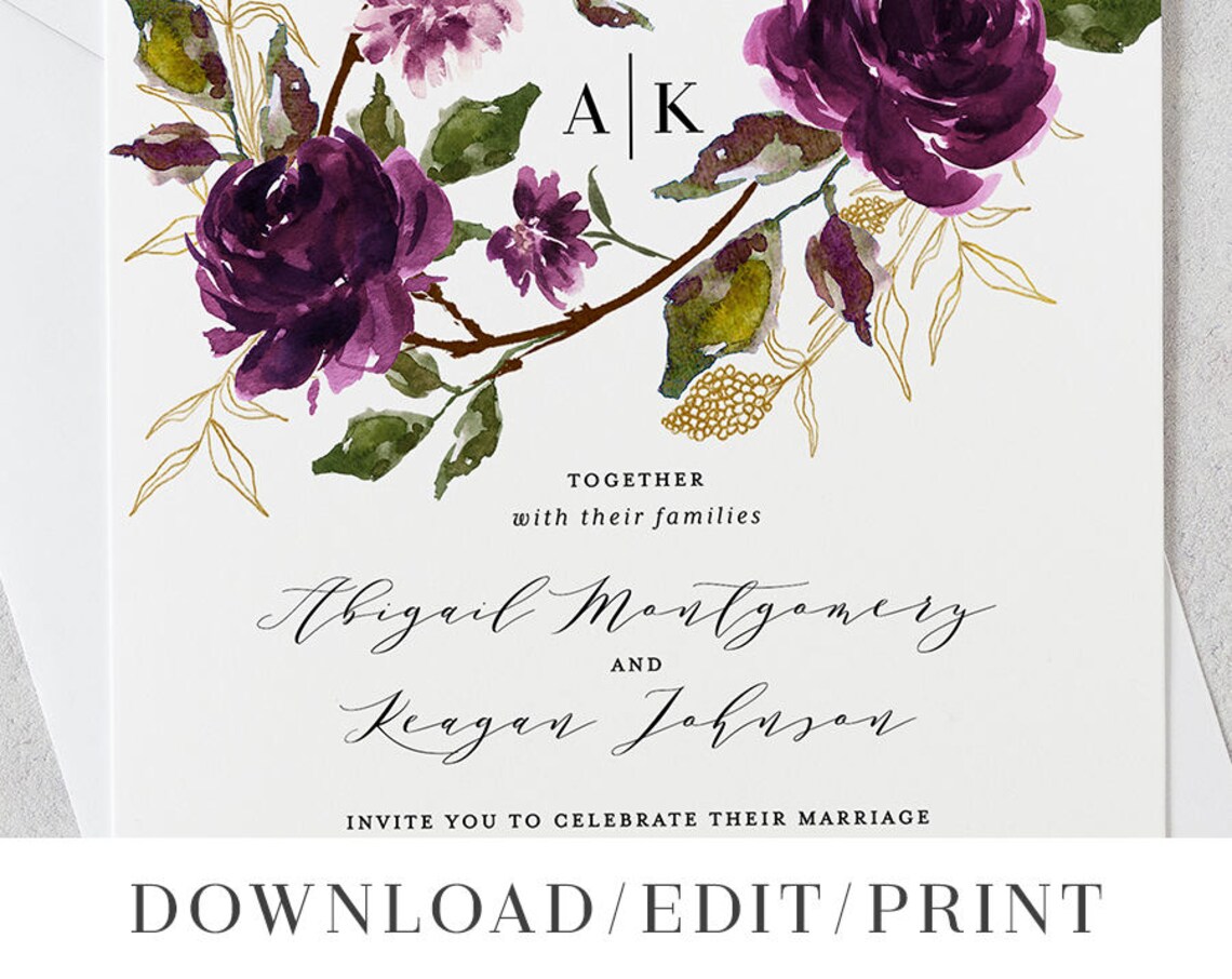 Printable Wedding Invitation Template Set Purple Digital | Etsy