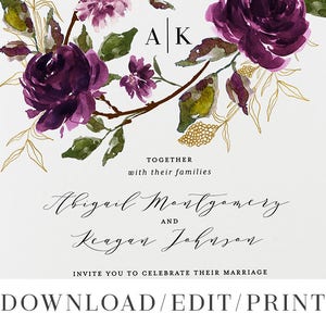 Printable Wedding Invitation Template Set Purple Digital Instant Download Editable 3 pcs Plum Gold Floral Leaf Botanical Abigail Templett image 3