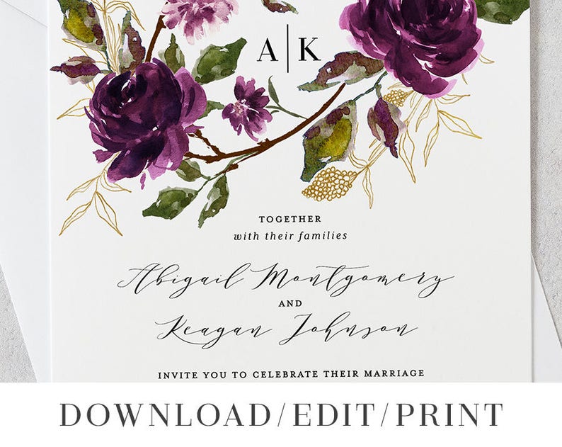 Printable Wedding Invitation Template Set Purple Digital Instant Download Editable 3 pcs Plum Gold Floral Leaf Botanical Abigail Templett image 3