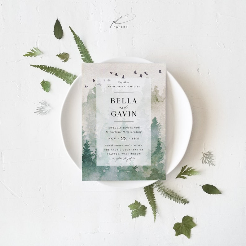 Forest Wedding Invitation Template Set Printable Outdoor Woodland Mountain DIY 3pcs Suite Instant Download Editable Invites Bella Templett