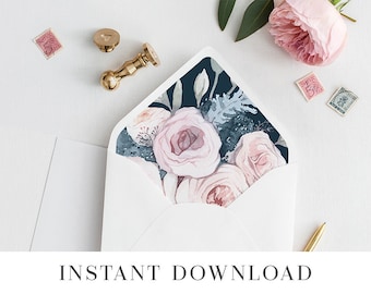 Printable Floral Wedding Envelope Liner Envelope Liners Outdoor Digital Envelope Insert PDF A7 Envelopes Template Blush Dusty Blue Claire