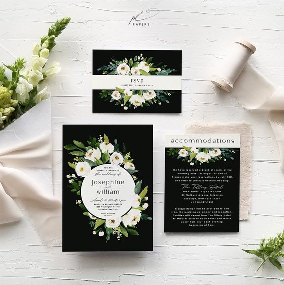 Printable Wedding Invitation Template Set White Floral Light Green Suite Instant Download DIY Digital Editable Invites Josephine Templett