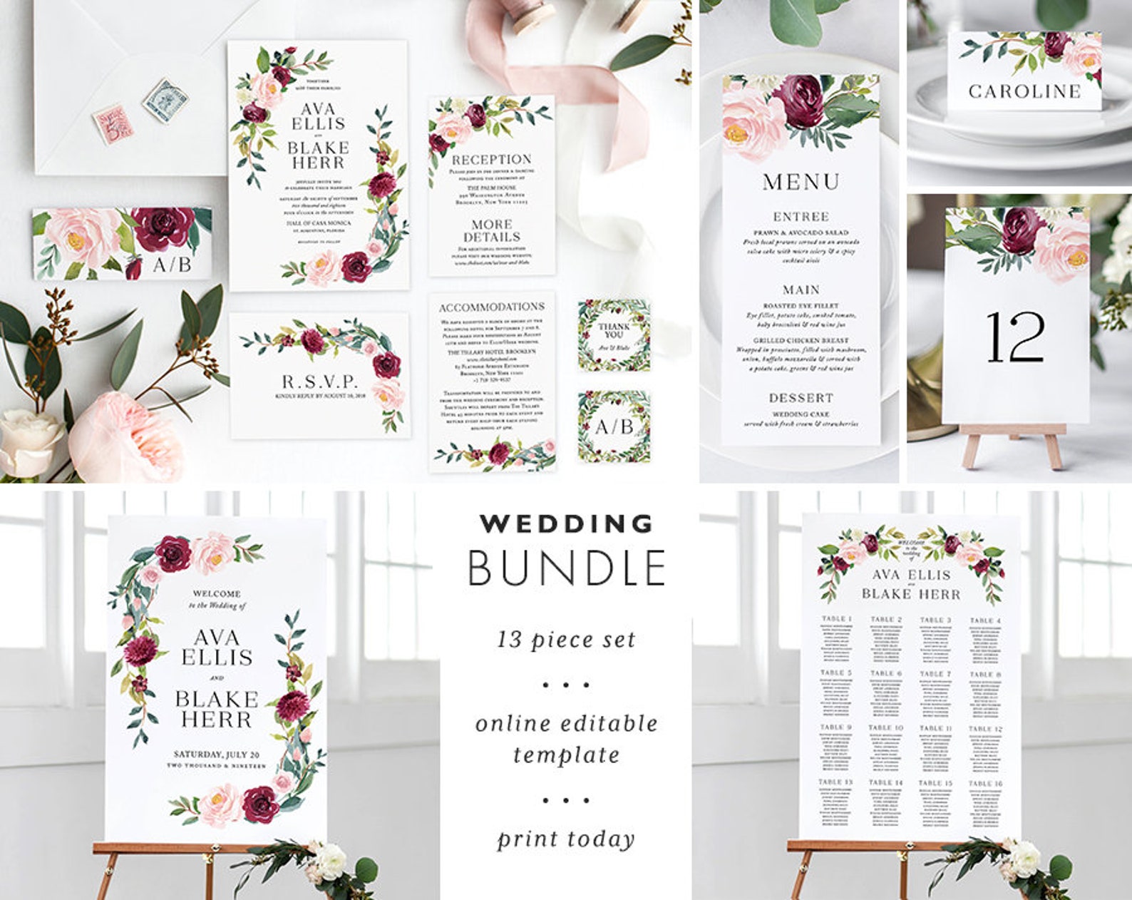Wedding Invitation Template Bundle Printable Wedding Set | Etsy