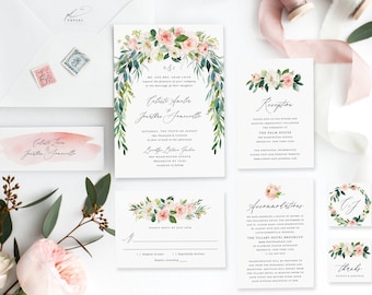 Printable Garden Wedding Invitation Template Set Summer Blush Pink Instant Download Digital Editable Romantic Floral Drop Celeste Templett