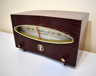 Burgundy Red 1956 Zenith Model A615F Vacuum Tube AM Radio Sounds Great! Rare and Unique Mid Century!