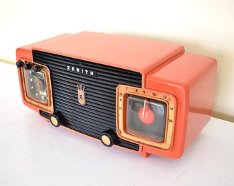 Blood Orange and Black 1955 Zenith Model T-524V AM Vacuum Tube Radio Loud and Clear Sounding and Excellent Condition!