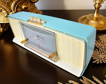 Celeste Blue and White 1959 Silvertone Model 9027 Vacuum Tube AM Clock Radio Super Rare Model!