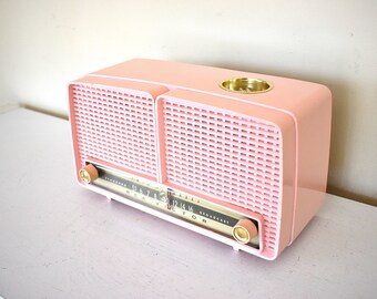 Sassy Pink 1957 RCA Victor Model 9-XL-1F Vacuum Tube Radio Dual Speaker Excellent Sound and Cigarette Lighter!