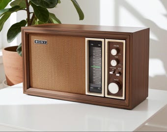May include: A vintage-style Sony radio with a brown wooden cabinet and a woven speaker cover. The radio features a tuning dial, volume controls, and a display panel. It sits on a white surface, with a plant in the background.