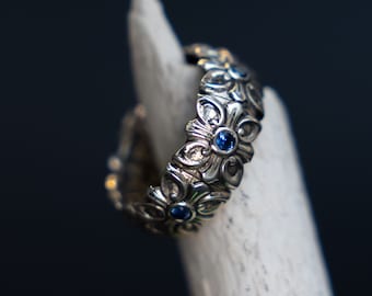 Templar band sterling silver ruby/sapphire natural ancient antique patina finish