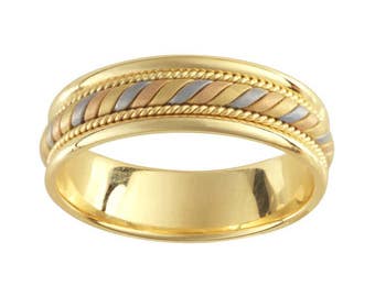 Tri-color Handmade Rope & Tricolor Braided Wedding Band - 14K Yellow  gold 6.7mm width white yellow rose gold anniversary