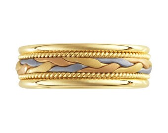 Tri-color 8.5mm Handmade Rope & Tricolor Braided  Wedding Band - 14K Yellow Gold 7mm width white yellow rose gold  anniversary band